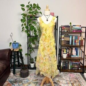 Yellow Floral Handkerchief Midi Dress Size 4 Fairy Cottage Slip‎ Dress Y2K
